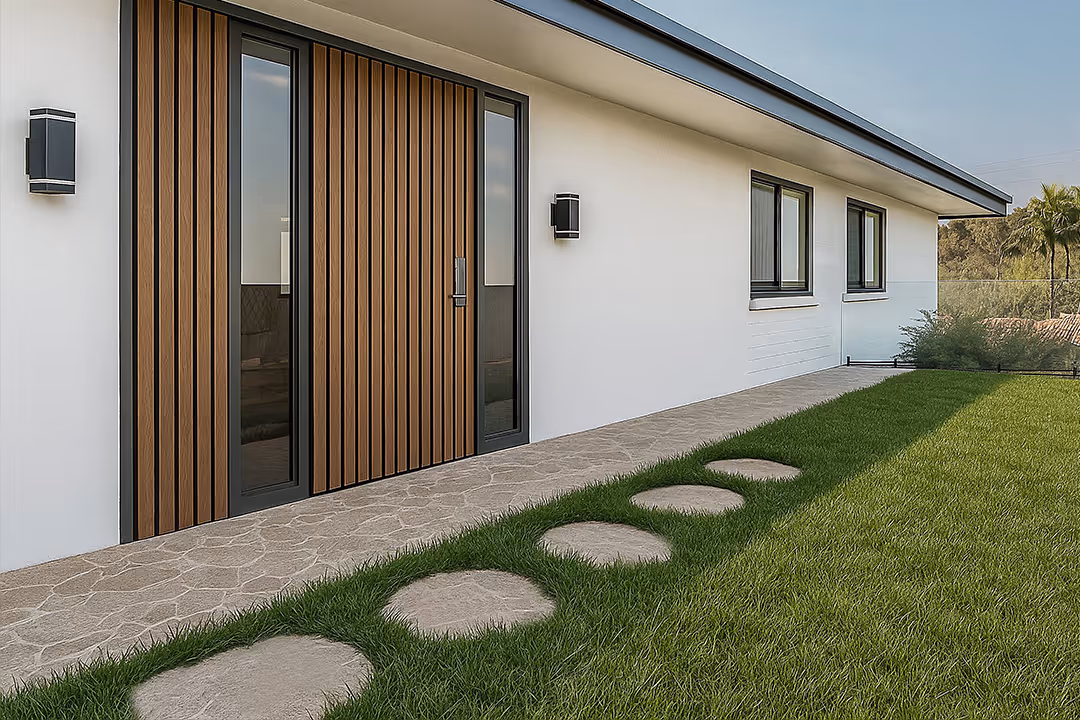 Modern house exterior with vertical wood panel front door, stone pathway with round stepping stones, and green lawn.