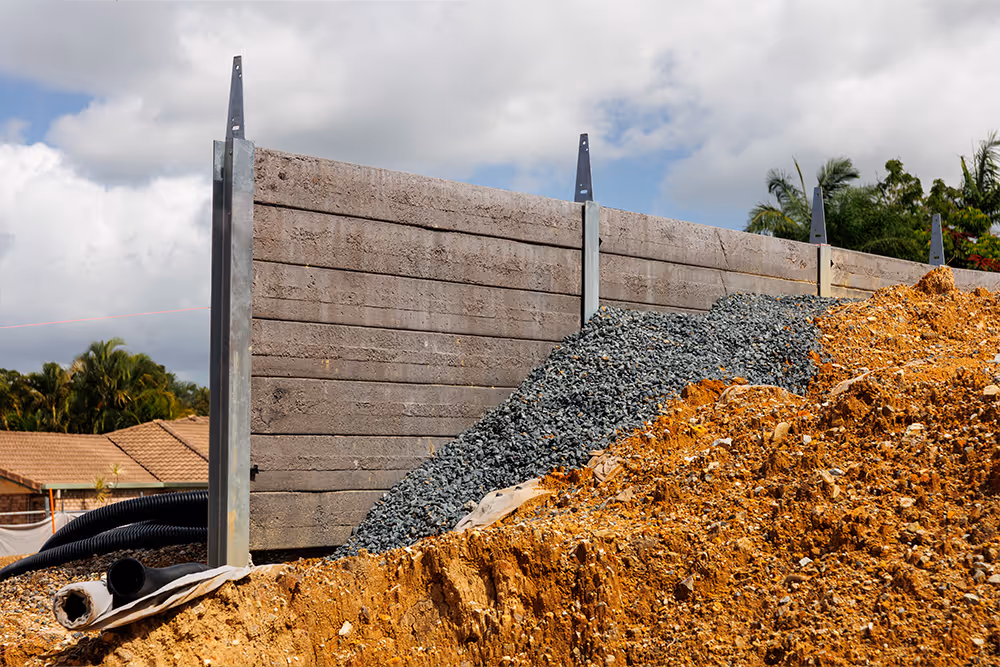 Concrete retaining wall with piles of gravel and soil in front under a cloudy sky.