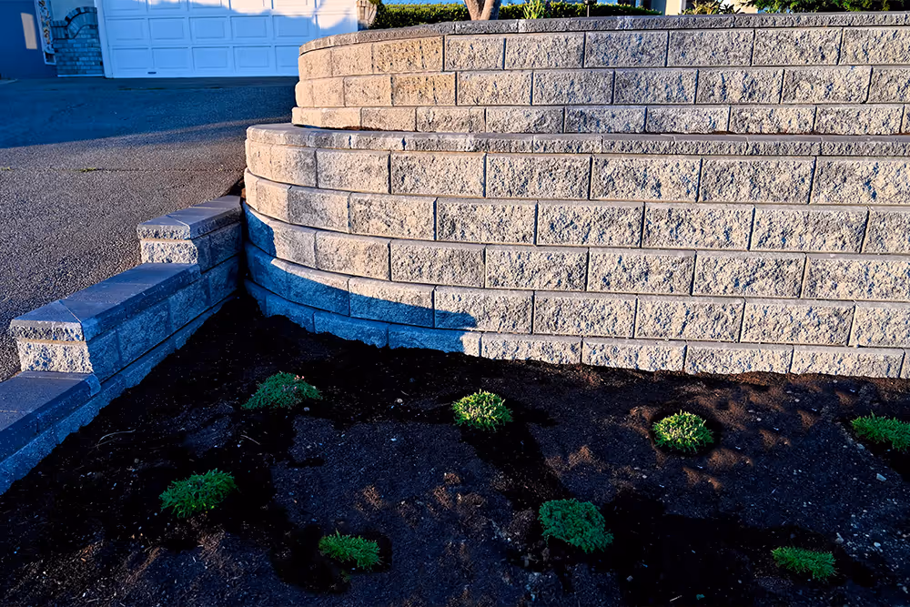 Curved retaining wall made of gray stone blocks with fresh soil and small green plants at its base.