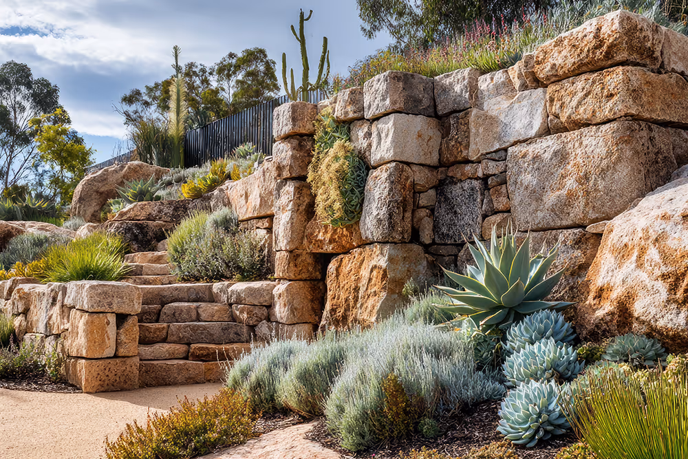 Terraced stone retaining wall with steps surrounded by various succulents and desert plants under a partly cloudy sky.