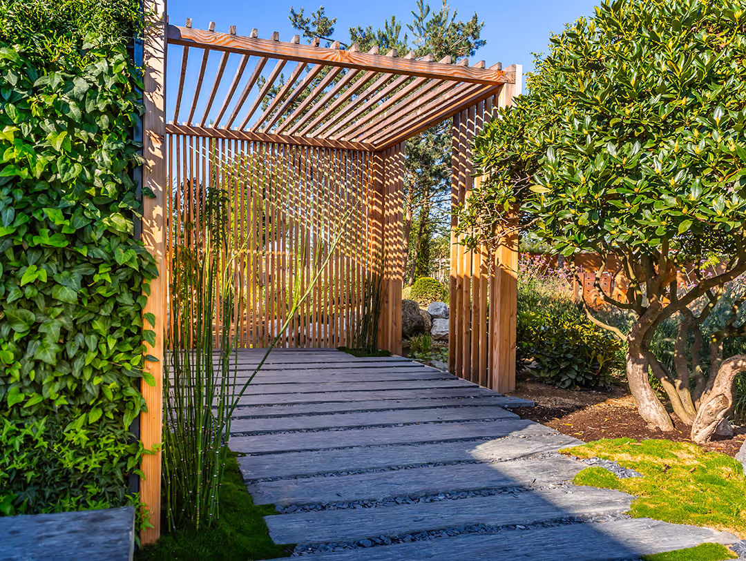 Modern wooden pergola casting striped shadows over a stone pathway surrounded by green plants and trees in a garden.