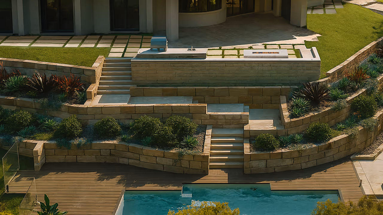 Modern terraced backyard with stone retaining walls, greenery, stairs, a wooden deck and a swimming pool.