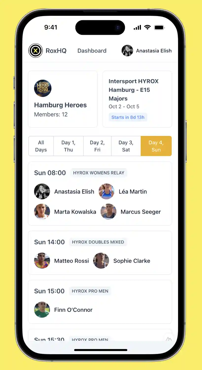 RoxHQ idashboard on a mobile phone showing Hamburg HYROX race crew - your all-in-one hub to plan smarter, travel lighter, and race better.