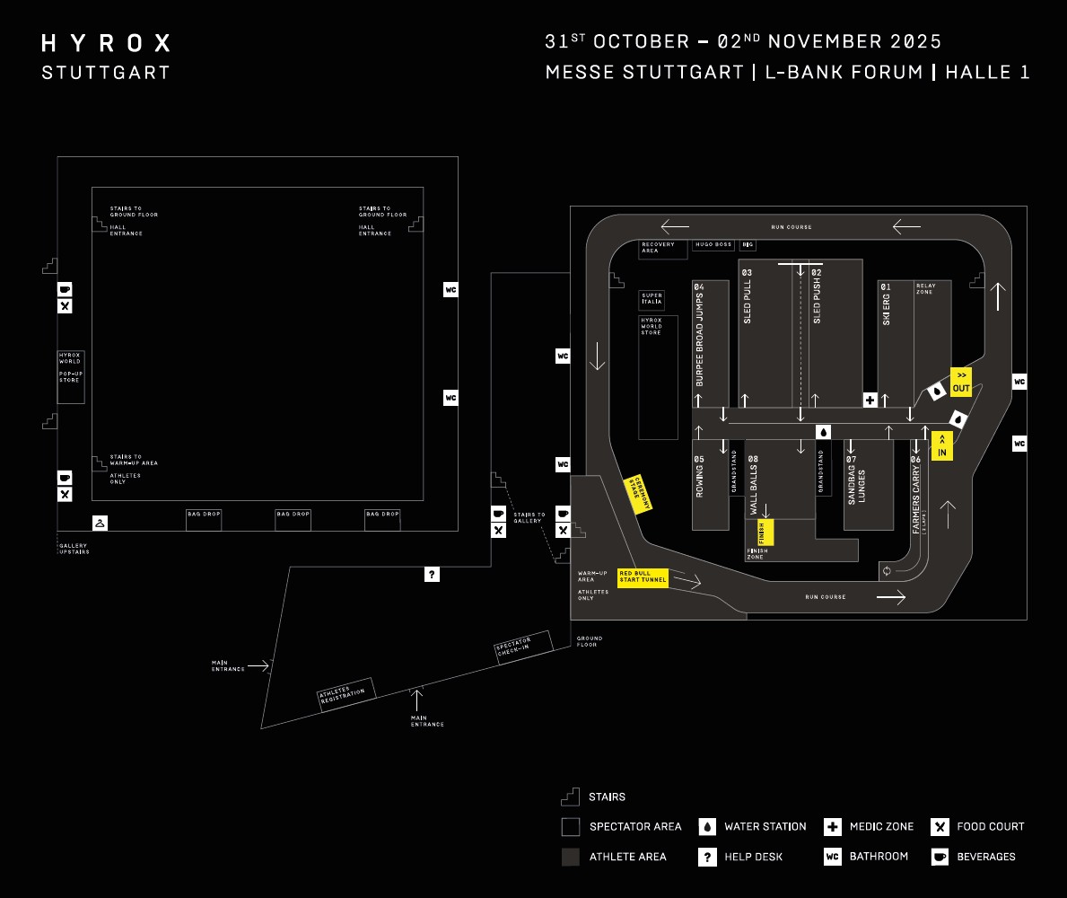 HYROX Venue map for HYROX Stuttgart 2025 at Messe Stuttgart – ICS International Congresscenter, showing entrance, registration area, warm-up zone, and competition floor layout.