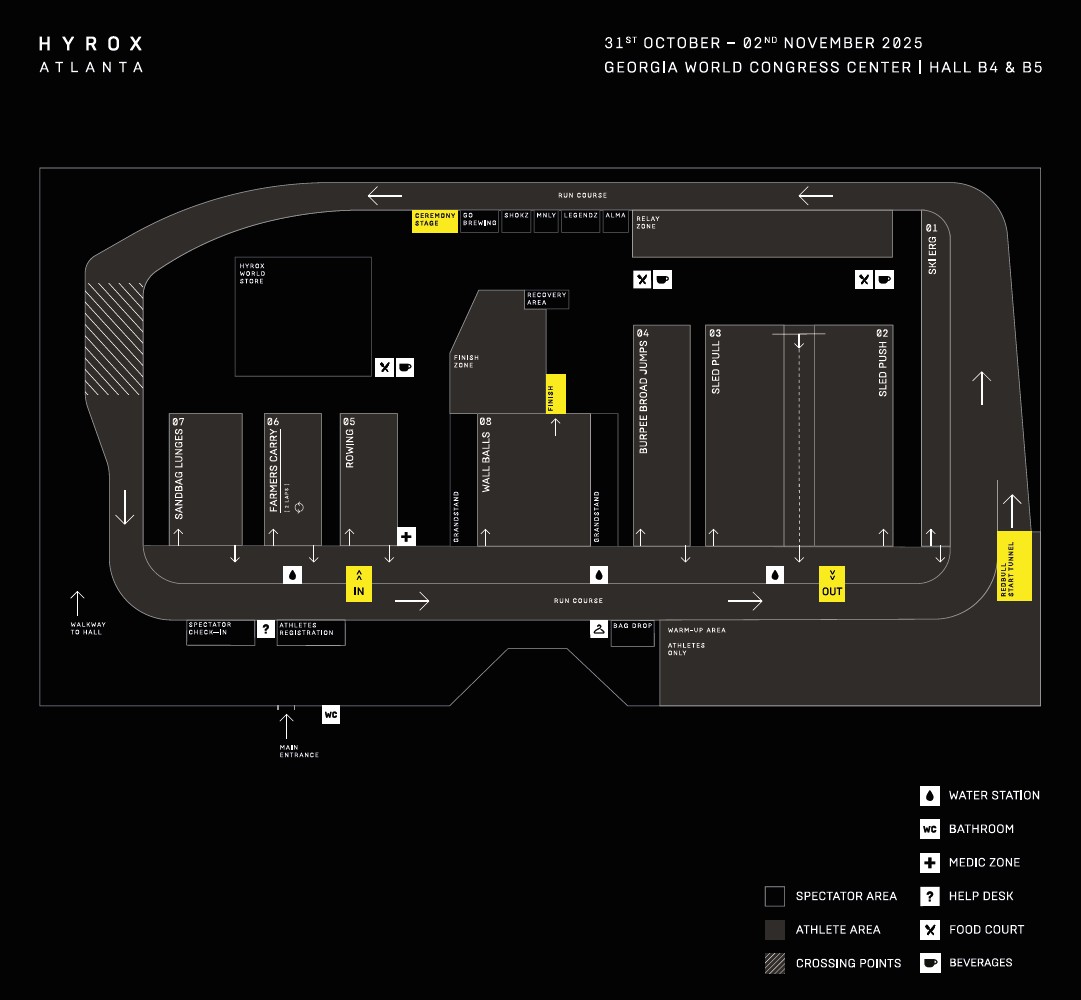 Venue map for HYROX Atlanta 2025 at Georgia World Congress Center, showing entrance, registration, warm-up area, and competition floor layout.