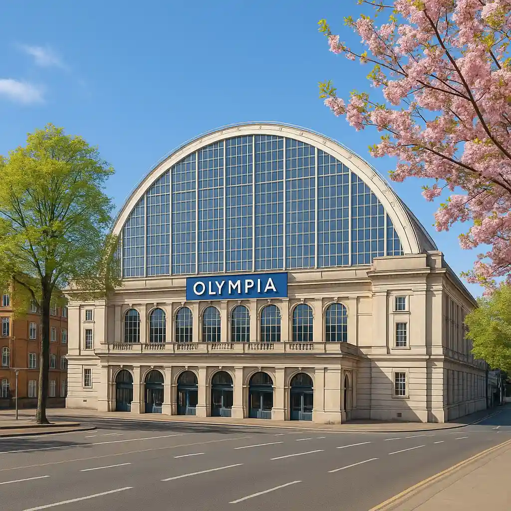 HYROX Olympia London exhibition centre on Hammersmith Road during springtime, featuring its iconic arched glass roof, historic stone façade, and blooming cherry blossoms under a clear blue sky.