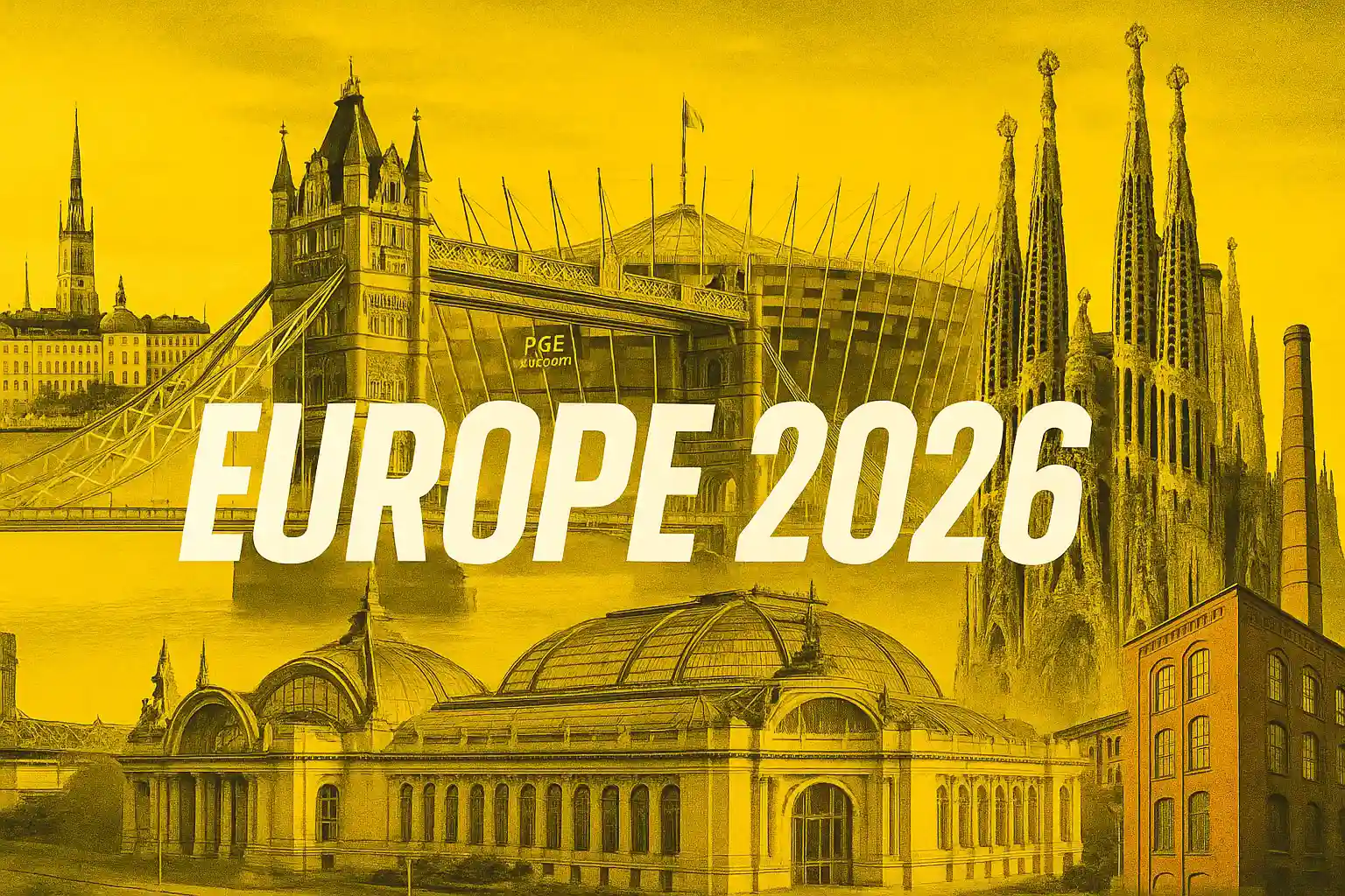 Collage of iconic European landmarks from the top HYROX 2026 cities with bold “Europe 2026” text in a modern yellow sports aesthetic.