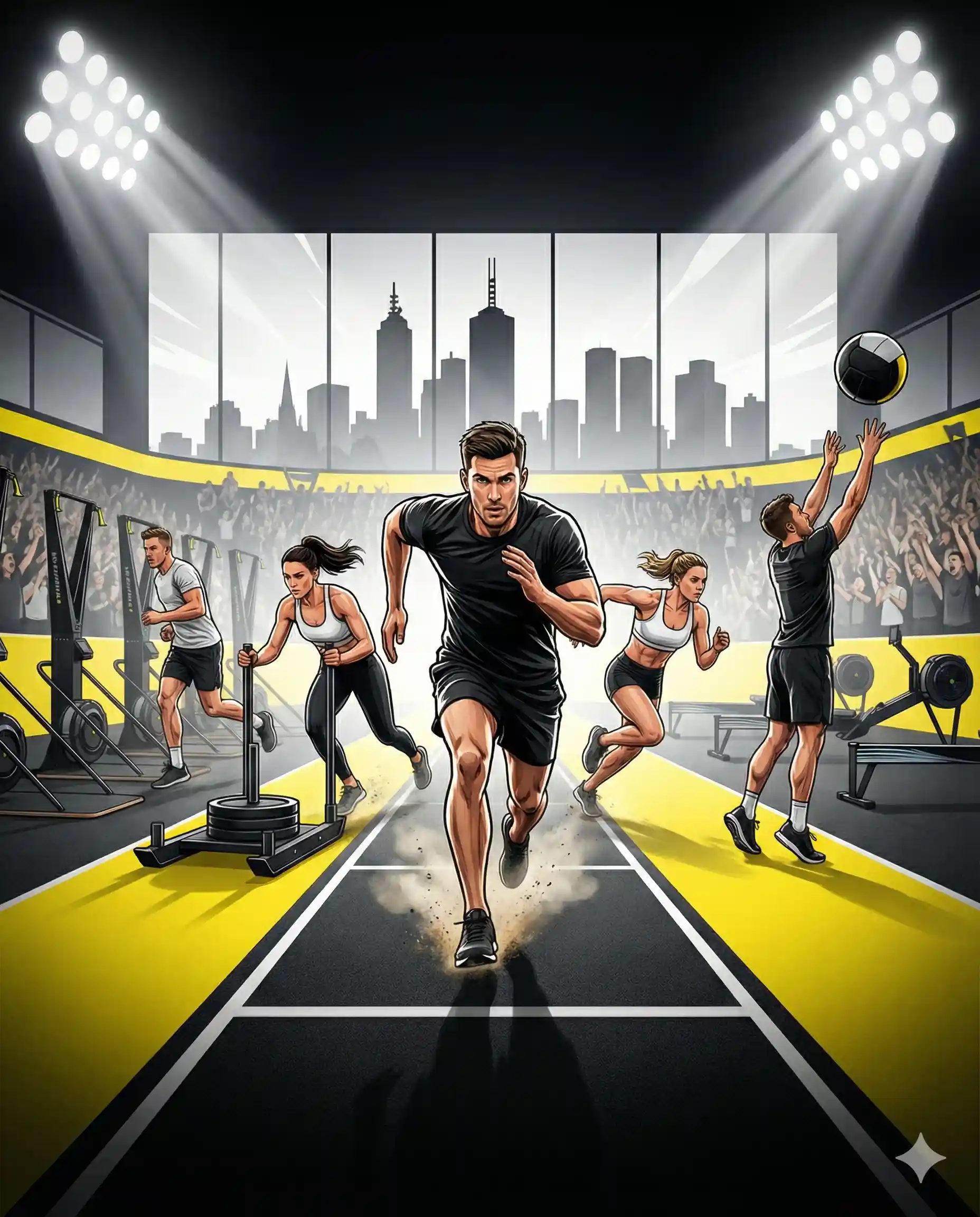 Poster-style graphic promoting HYROX Melbourne Elite 15 hub with silhouettes of athletes racing and RoxRadar branding.