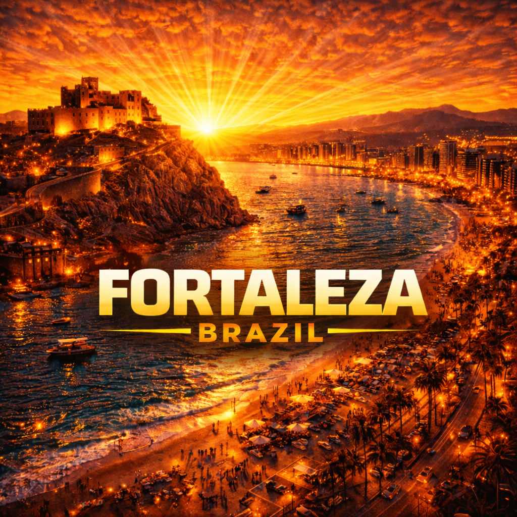 HYROX Fortaleza 2026 – beachfront skyline and athletes celebrating on Brazil’s tropical coast near Centro de Eventos do Ceará