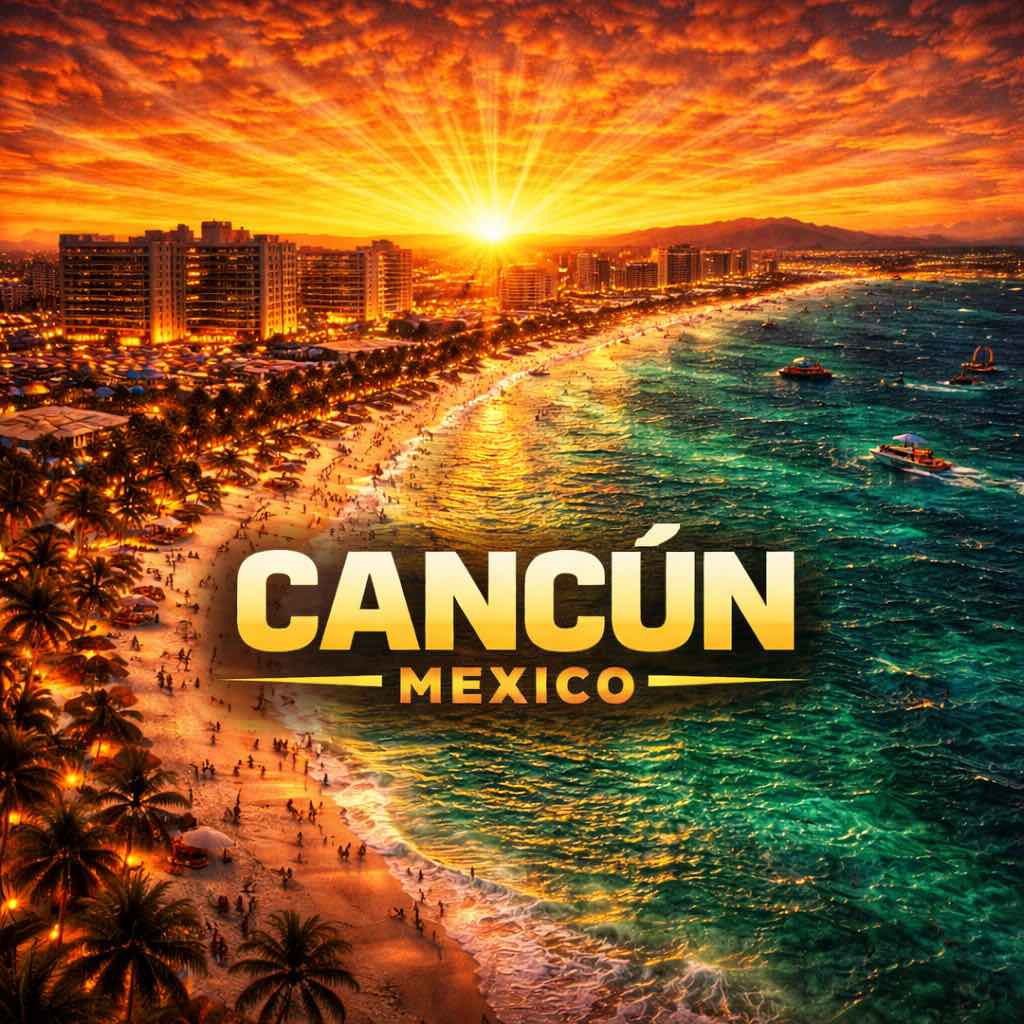 HYROX Cancún 2026 – athletes and spectators near Cancún’s beachfront hotel zone, showcasing Mexico’s tropical coast and vibrant race-cation atmosphere