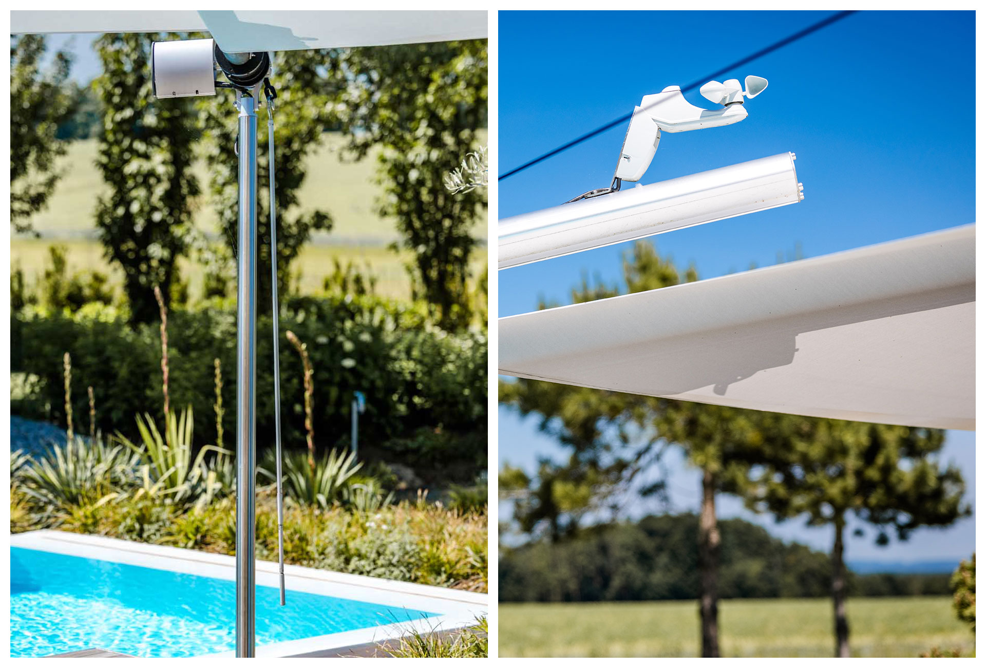 Sicherheit ist bei SunSquare in hohes Gut - darum ist jede Anlage mit einem Windsensor, der das Segel bei zu starkem Wind vollautomatisch schließt und einer Nothandkurbel für möglichen Stromausfällen, ausgestattet.