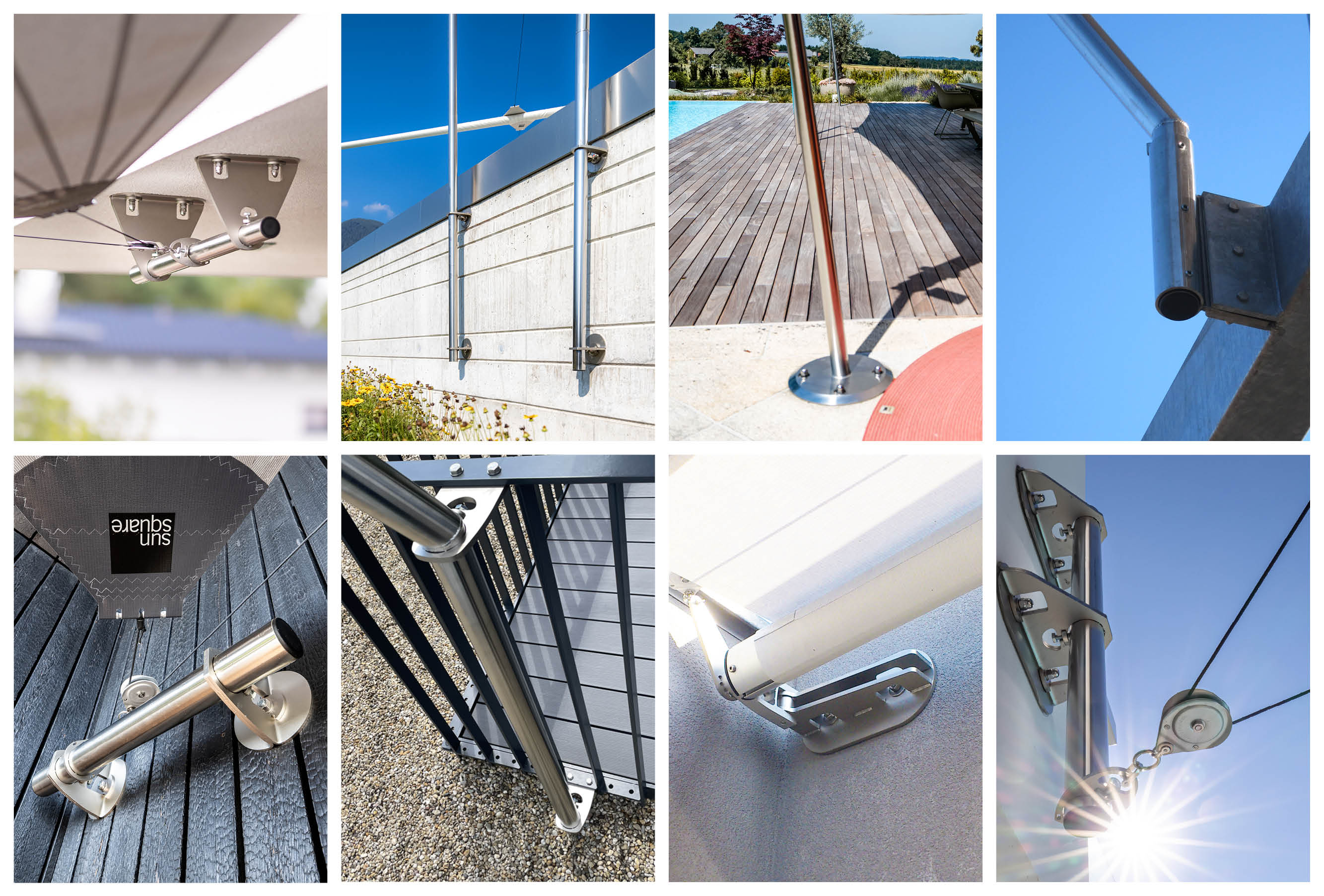 Unterschiedliche Montagemöglichkeiten die mit dem Befestigungssortiment von SunSquare realisierbar sind.