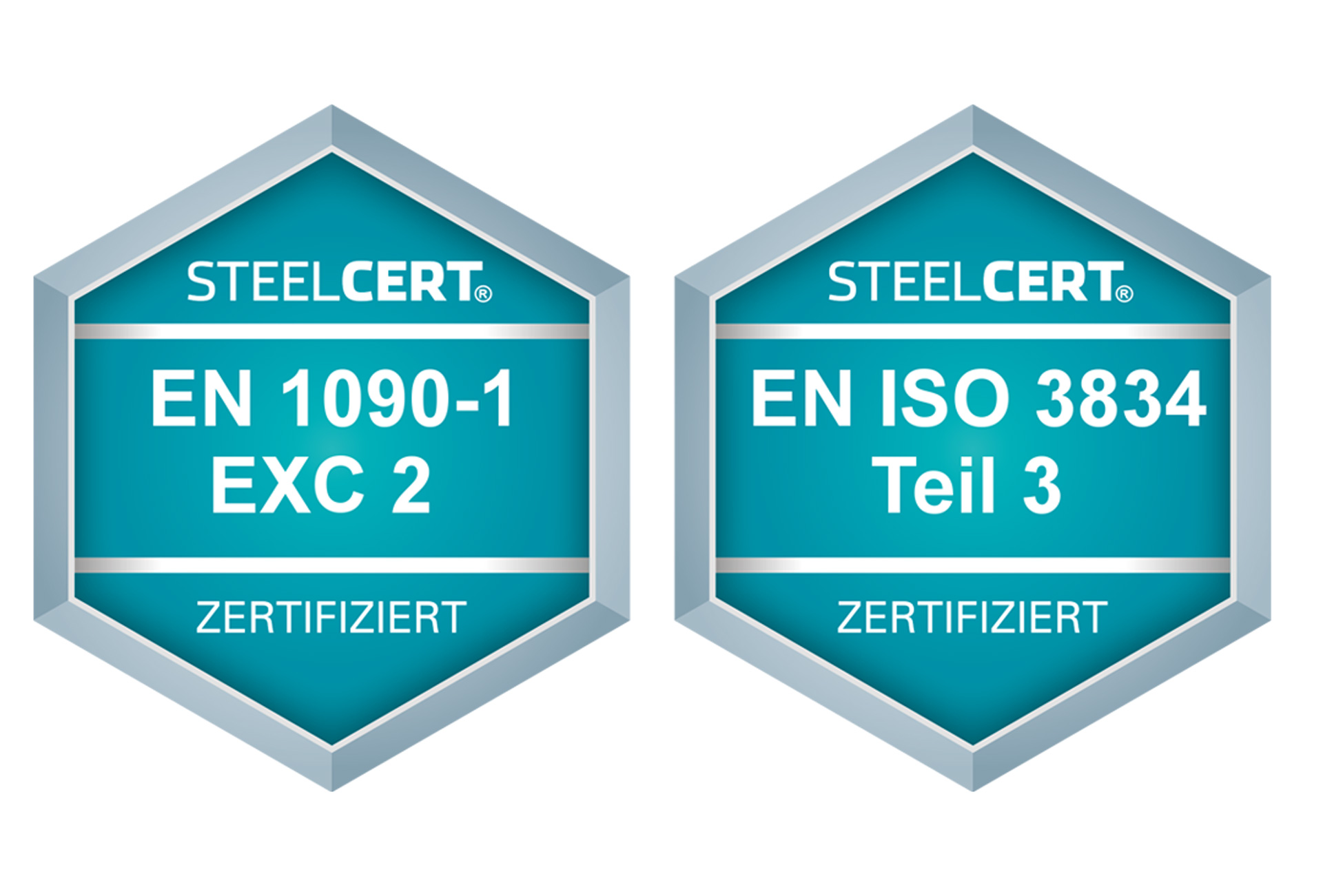 Abgebildete Zertifikate. Alle internen schweißtechnischen Produktionsschritte und alle Schweißtechniker selbst sind nach EN-1090 zertifiziert.