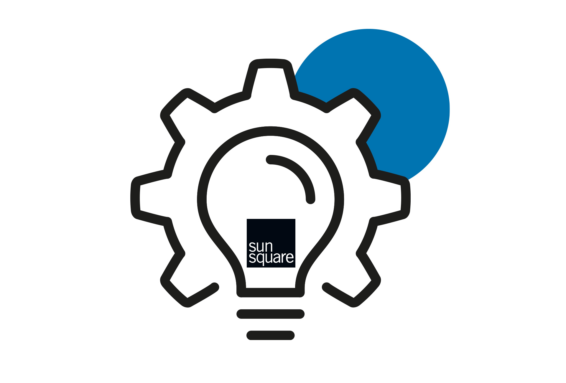 Ein Symbol für Forschung und Entwicklung, Glühbirne und Zahnrad: SunSquare® forscht und entwickelt kontinuierlich. Neue Produkte entstehen, bestehende Systeme werden optimiert, um Anforderungen und Erwartungshaltungen noch besser erfüllen zu können.