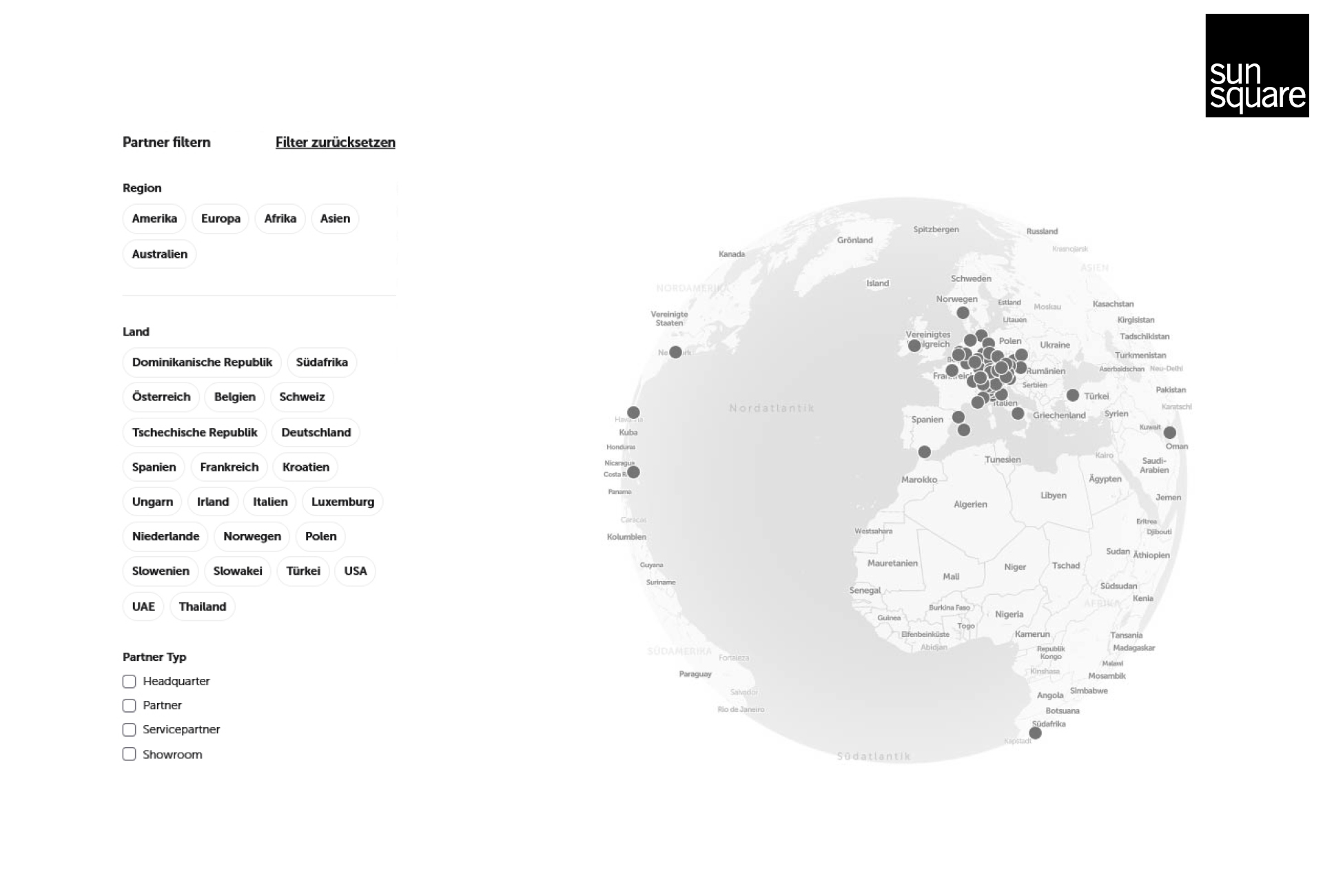 SunSquare Vertriebspartnersuche nach Ländern über einen Filter.