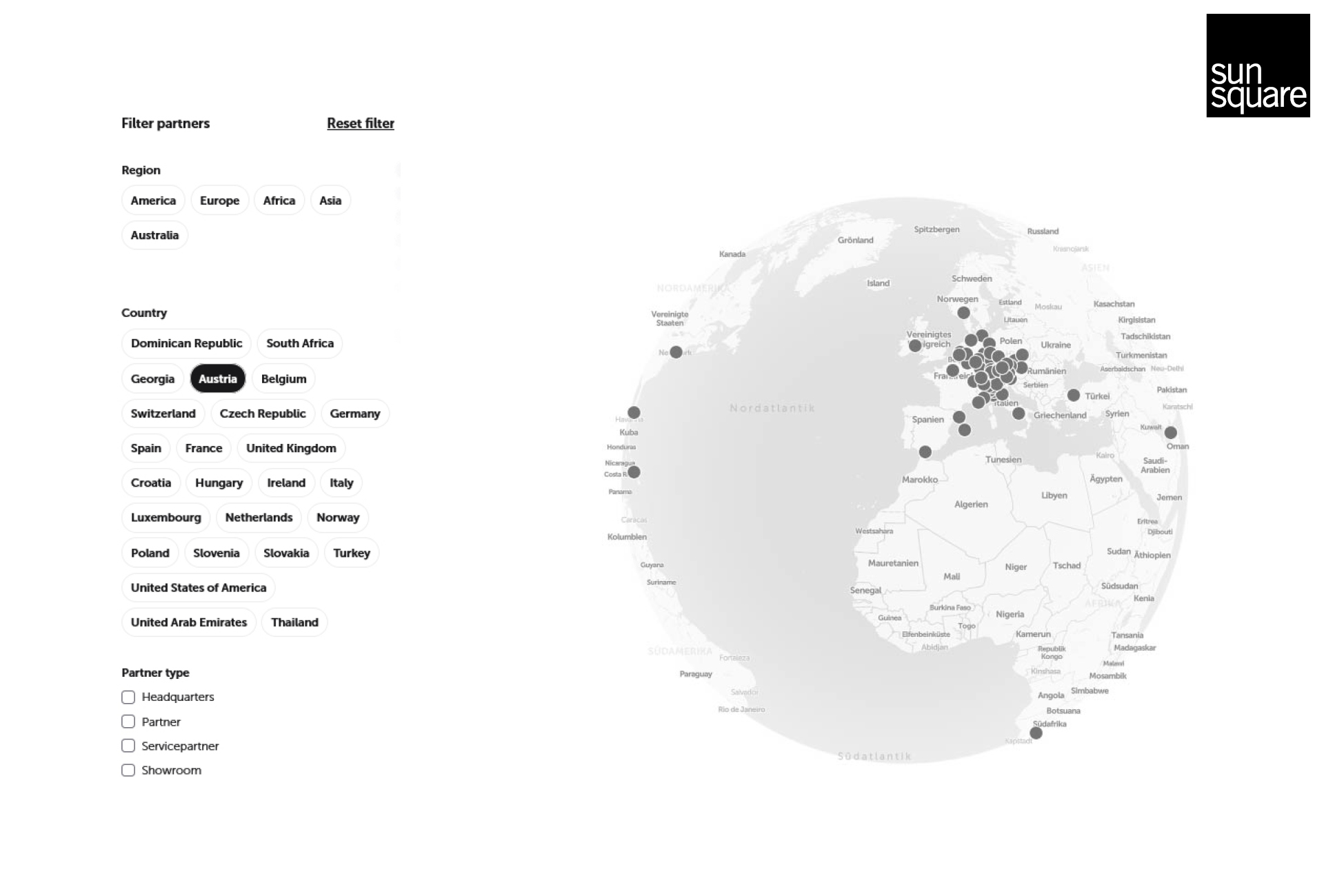 SunSquare search for distribution partners by country using a filter.