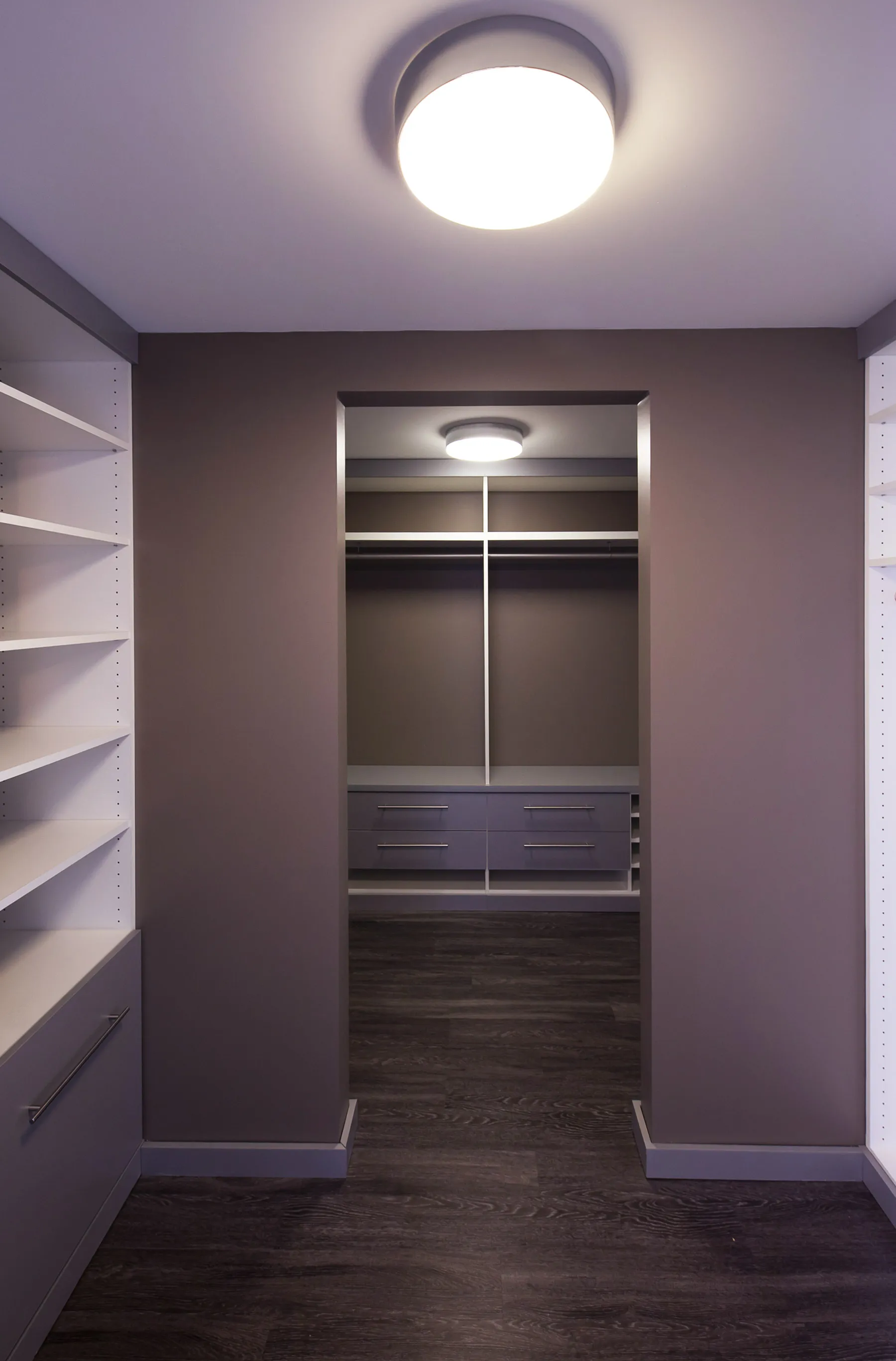 Walk-in wardrobe featuring clothes rack, built-in drawers and shelving.