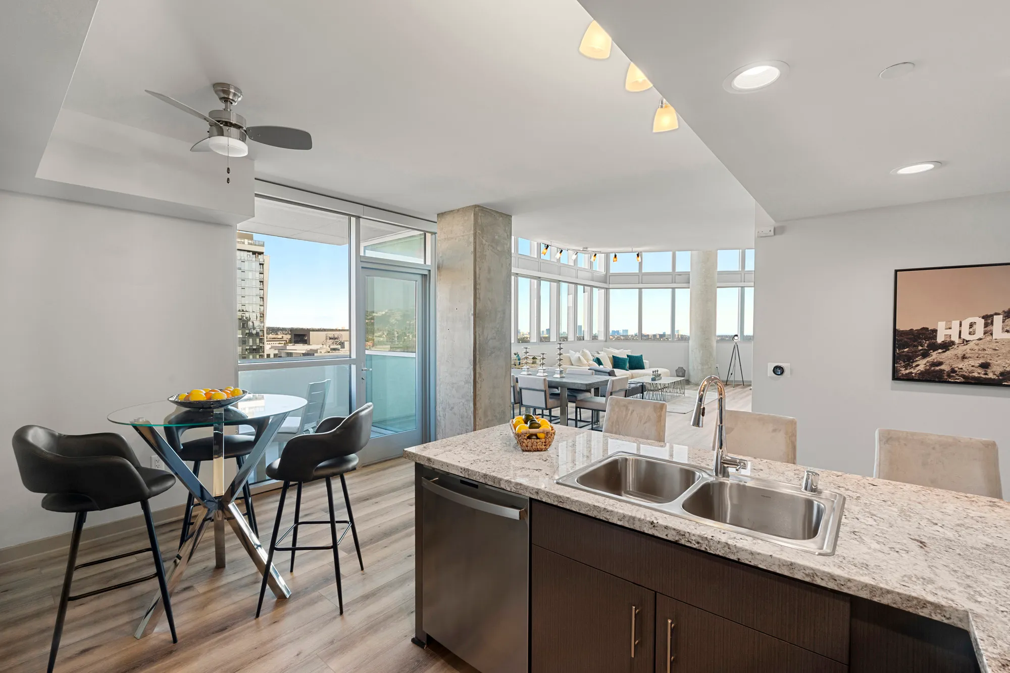 Kitchen and dining area connecting to the living room