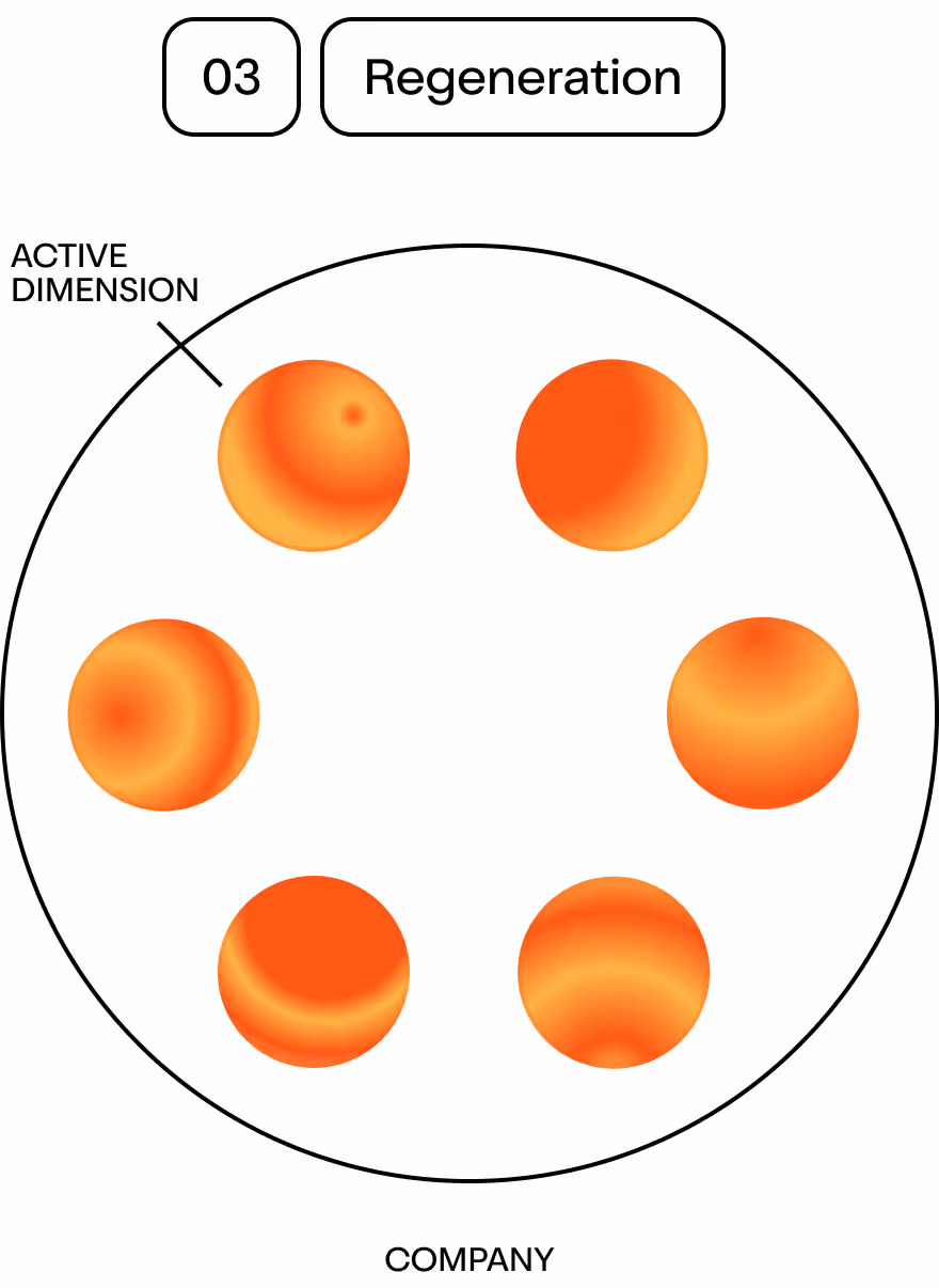 Ein Diagramm mit dem Titel „03 Regeneration“, das einen großen Kreis mit der Beschriftung „Company“ zeigt, in dem sechs orange Farbverlaufskugeln um ein leeres Zentrum angeordnet sind. Ein Pfeil, der auf den Kreisrand zeigt, ist mit „ACTIVE“ beschriftet.
