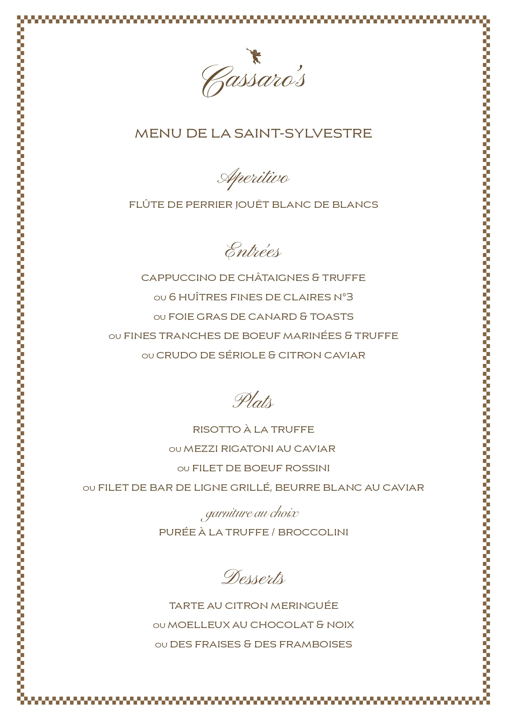 Menu de la Saint-Sylvestre de Cassaro's avec apéritif, entrées, plats et desserts détaillés en français.
