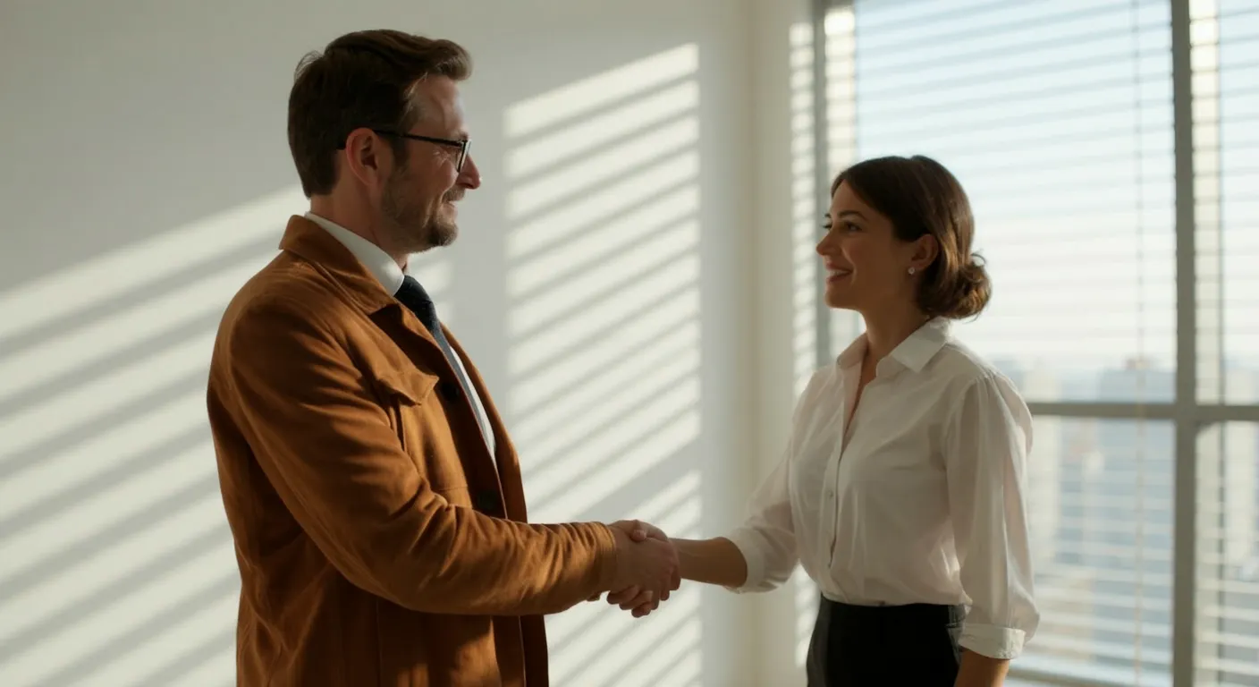 Two business professionals standing in a bright office, smiling and shaking hands in agreement, symbolising people-centred marketing and strong partnerships