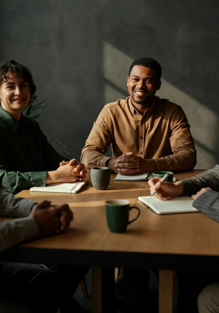 Smiling marketing professional seated at a table with colleagues during a relaxed client meeting, taking notes and discussing project strategy in a bright, modern office