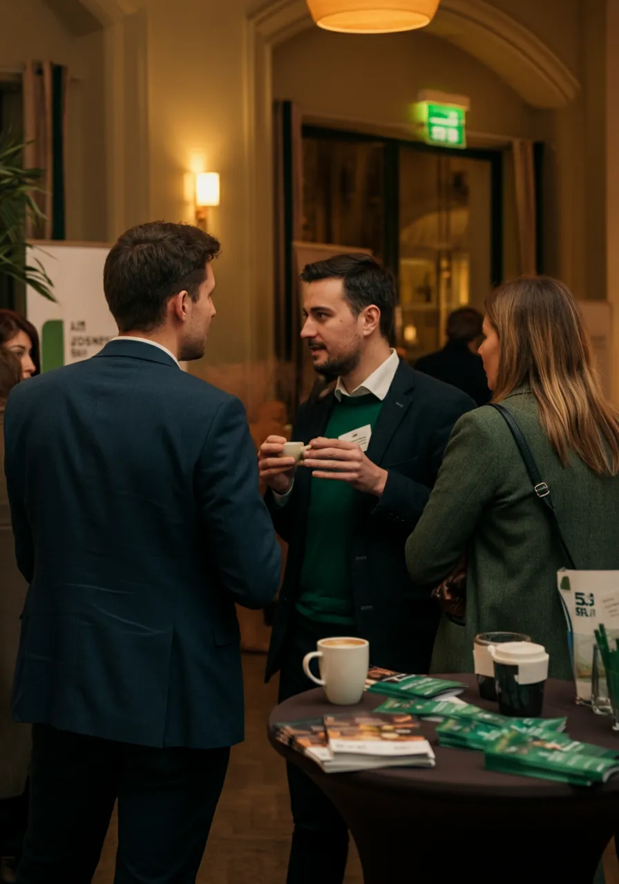 Professionals networking during a business event, standing near a coffee table with brochures and drinks, engaged in conversation inside a warmly lit venue
