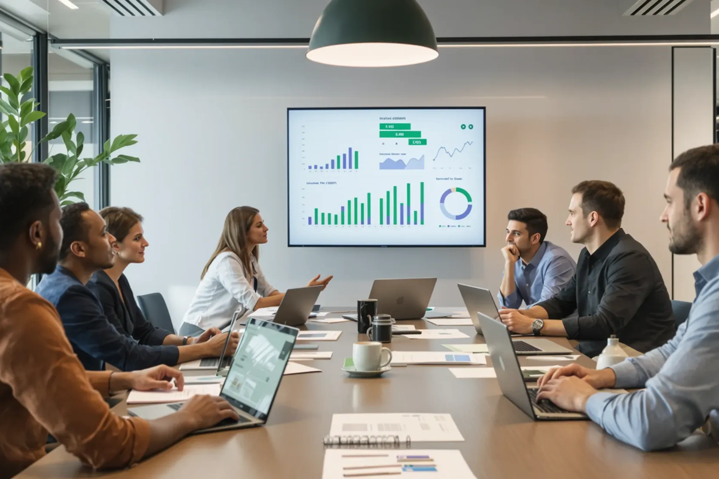 Marketing strategy meeting with professionals discussing insights and analysing data charts in a modern office setting.