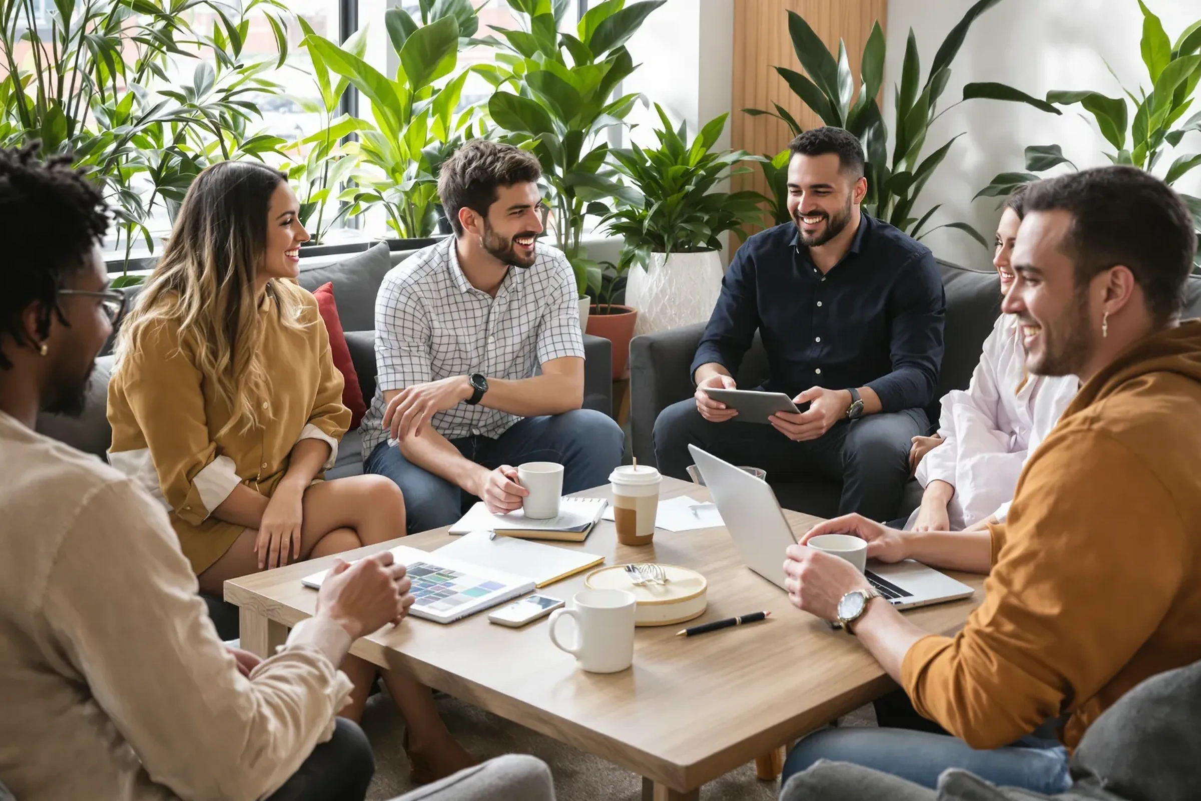 Small marketing team collaborating in a modern office lounge with coffee mugs and laptops on a mocha brown wooden table, surrounded by lush green plants, reflecting People First Digital’s approachable and collaborative culture.