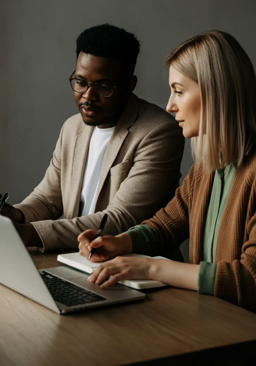Two marketing professionals collaborating at a desk, reviewing ideas on a laptop while taking notes during a content strategy meeting