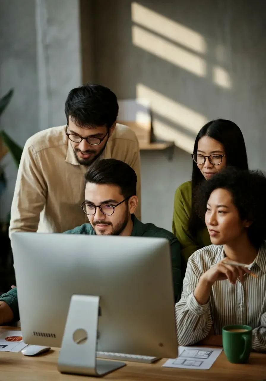 Four marketing team members gathered around a desktop computer in a modern office, discussing website wireframes and user experience design ideas