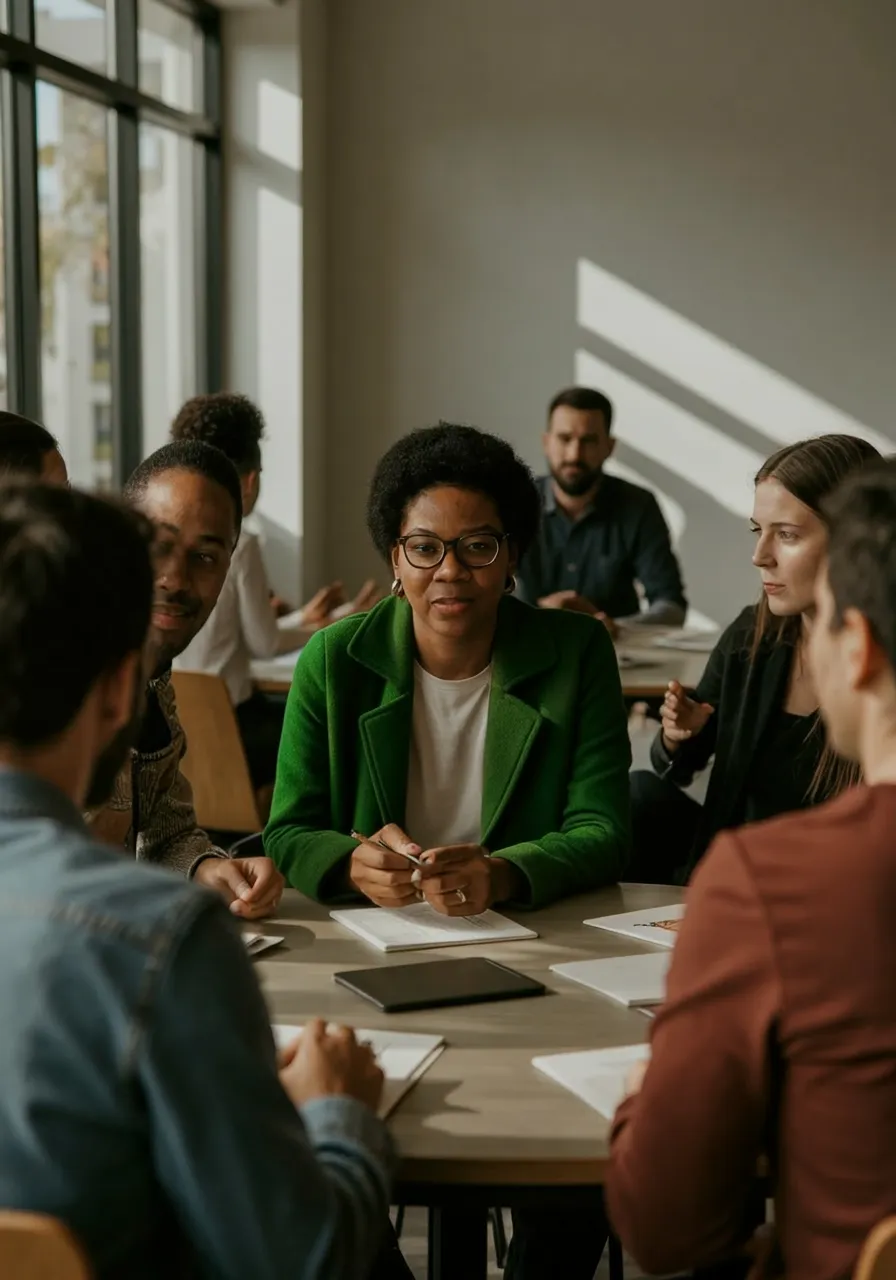 Group of professionals seated around a round table during a workshop or networking event, engaging in discussion and collaboration in a bright, modern meeting space