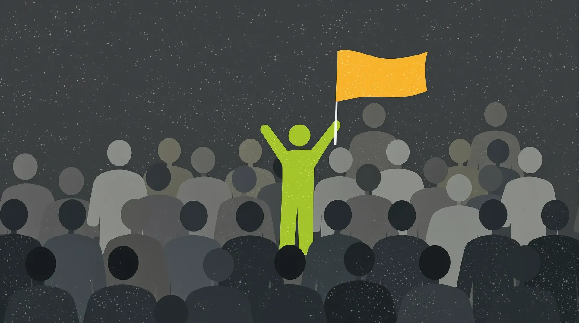Illustration of a person holding a yellow flag above a crowd, symbolising businesses standing out in a crowded market.