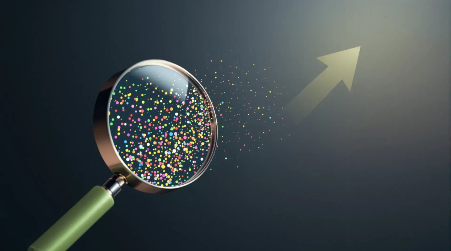 Close-up of a magnifying glass with colourful data points, symbolising measuring marketing ROI for small business teams.