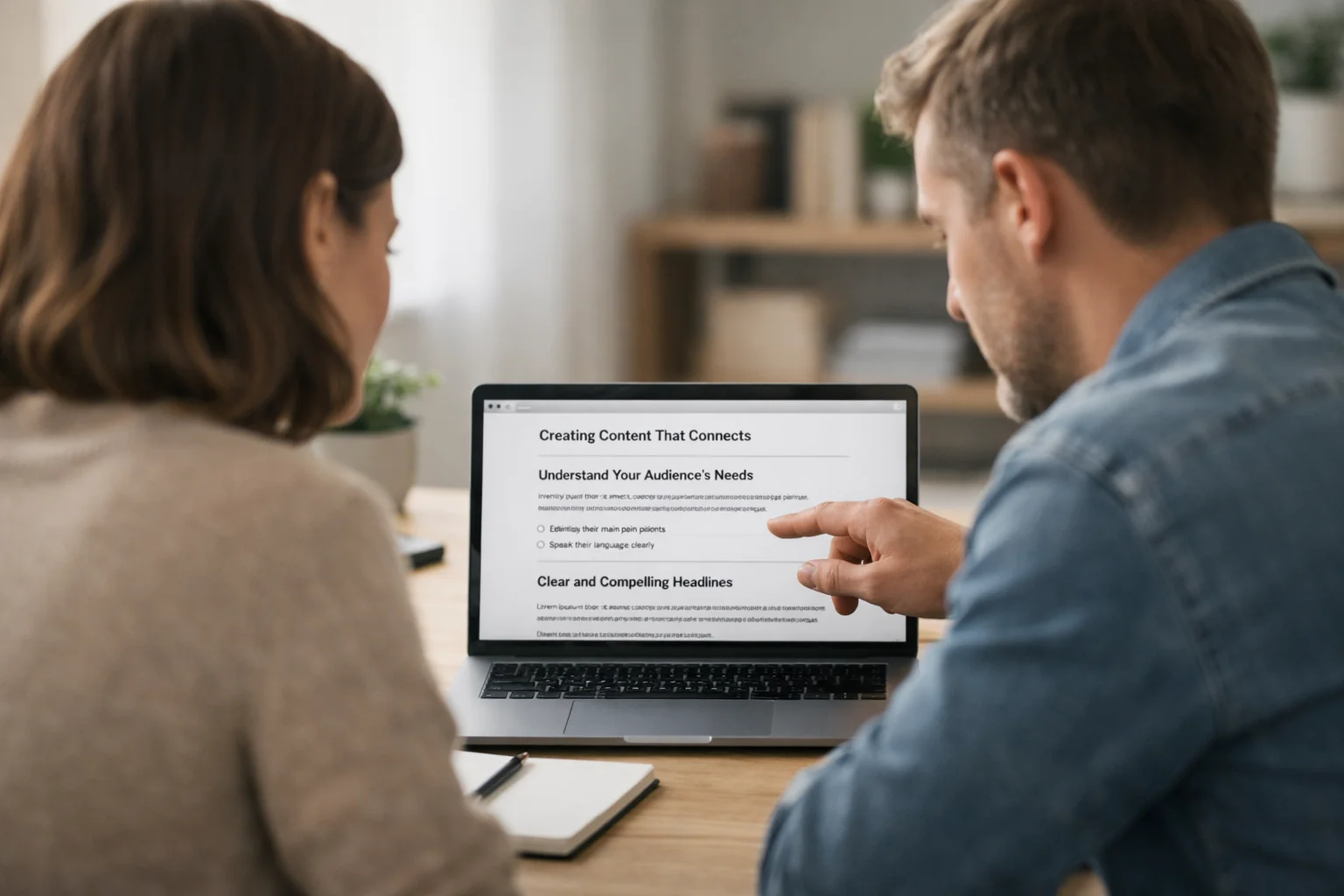 Small team reviewing website content together on a laptop in a calm, modern workspace, focusing on clear, human-centred messaging
