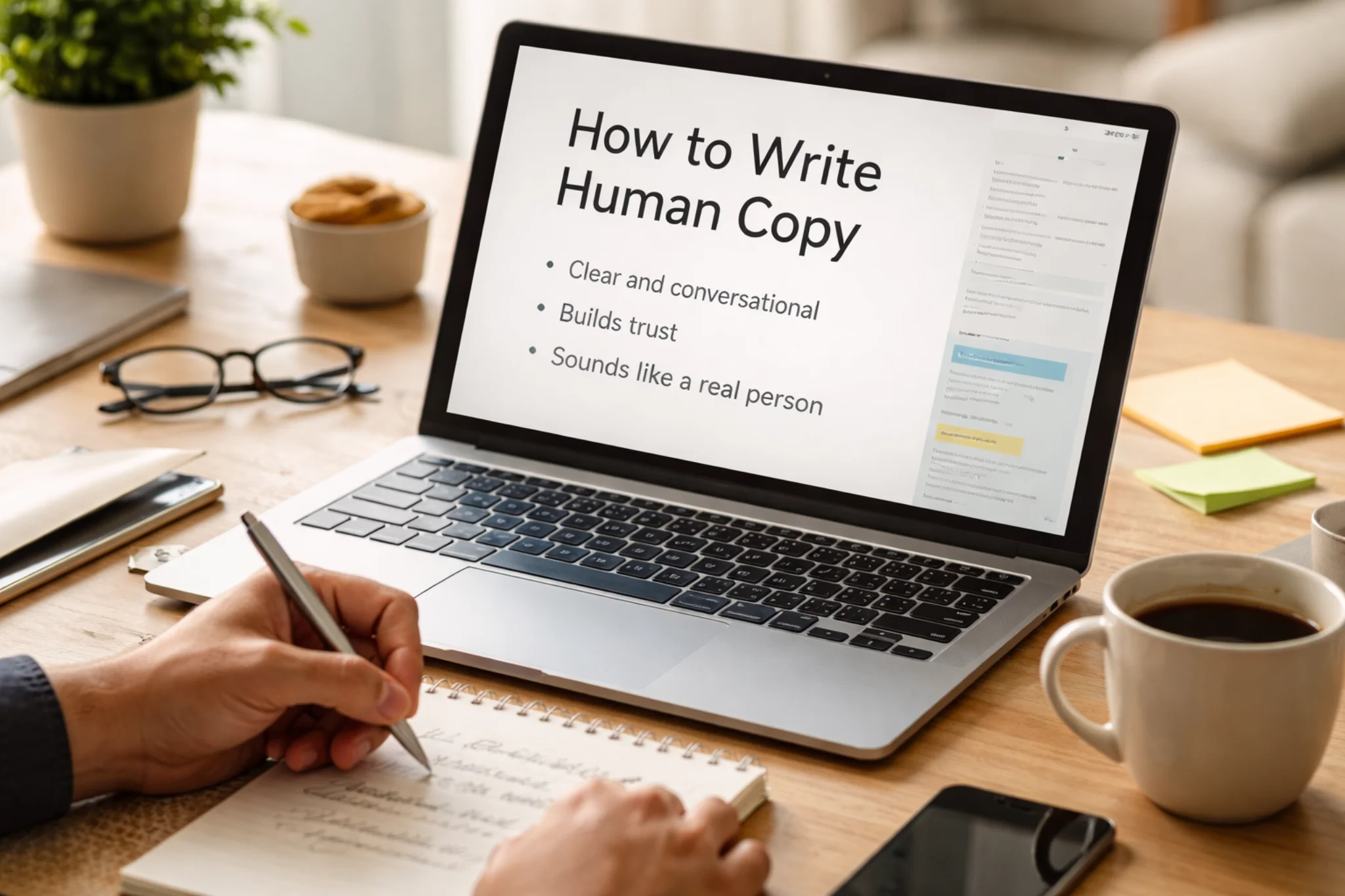 A marketer reviewing human-centred website copy on a laptop, focusing on clear, conversational writing that builds trust.