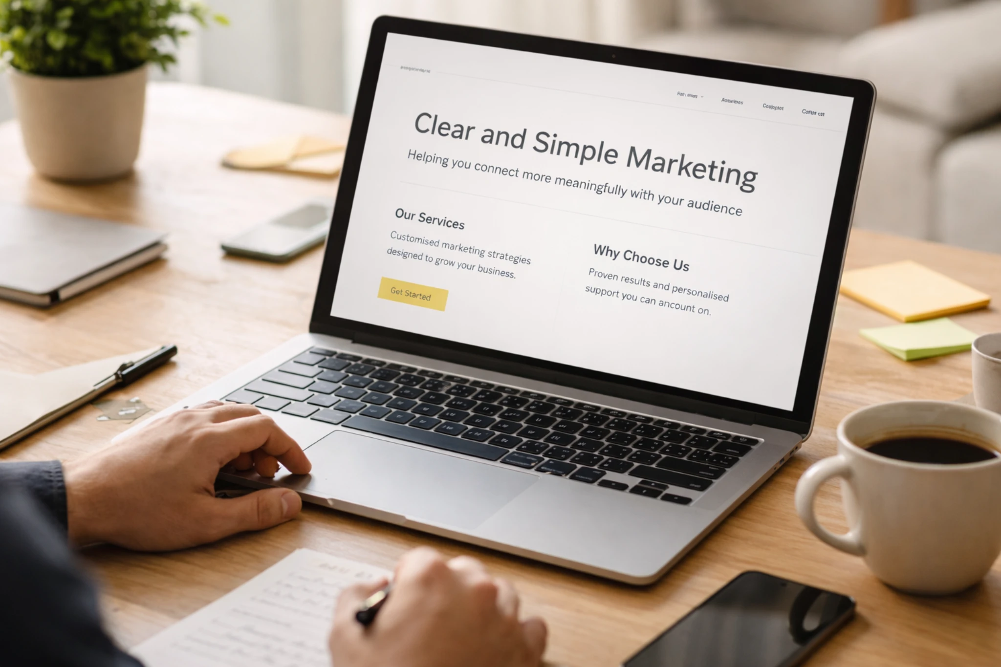 Business professional reviewing plain English website copy on a laptop in a calm workspace