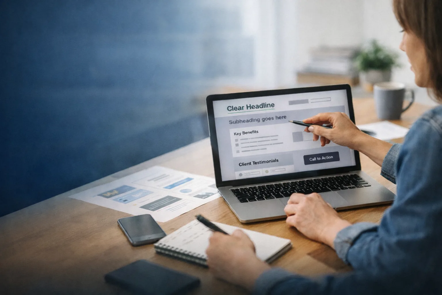 Person reviewing website content on a laptop at a tidy desk while taking notes in a notebook, focused on auditing website messaging for clarity and consistency.