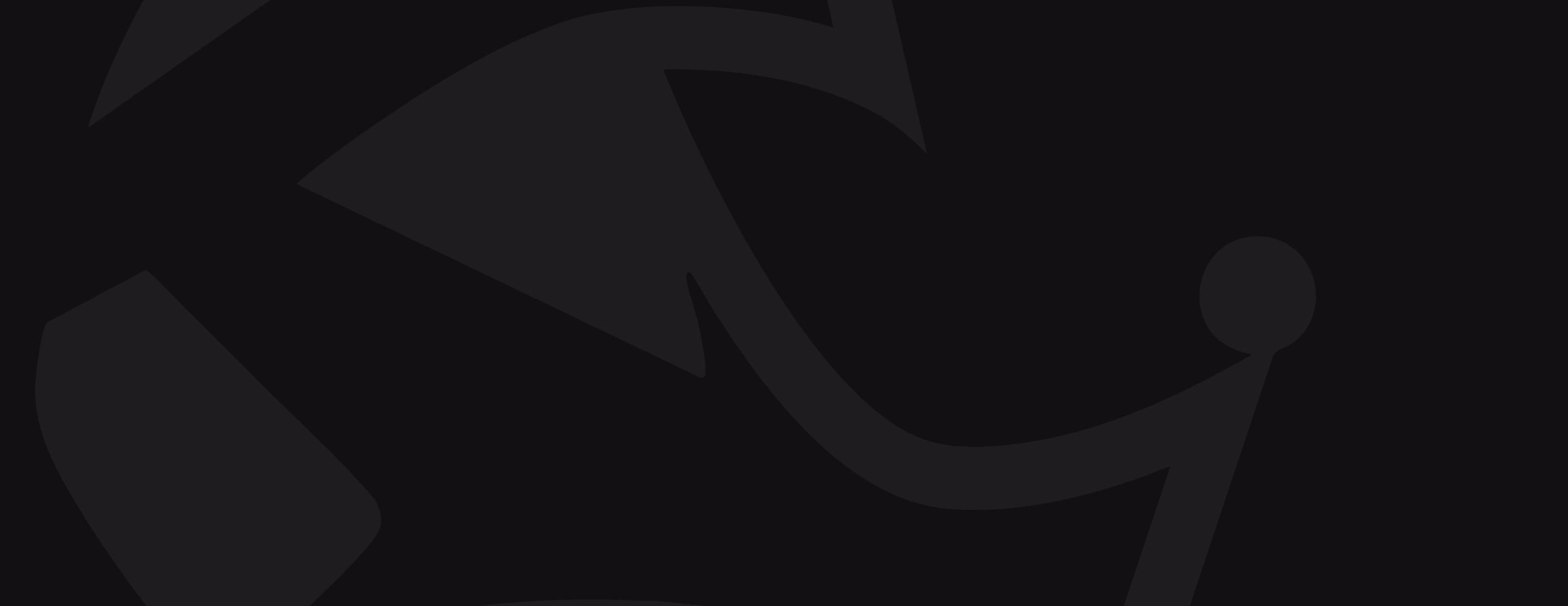 Abstract dark background with a stylized emblem featuring curved shapes and a small circle.