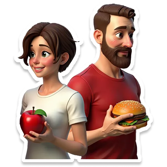 An image of a woman holding an apple and a man holding a burger