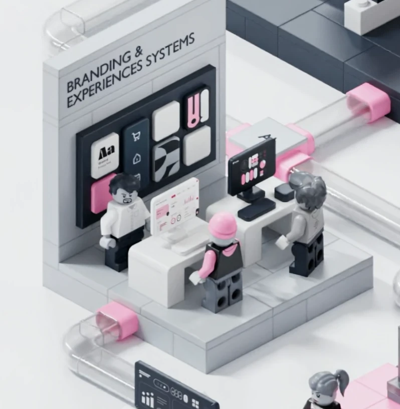 Lego-style illustration of designers and developers working together at one desk