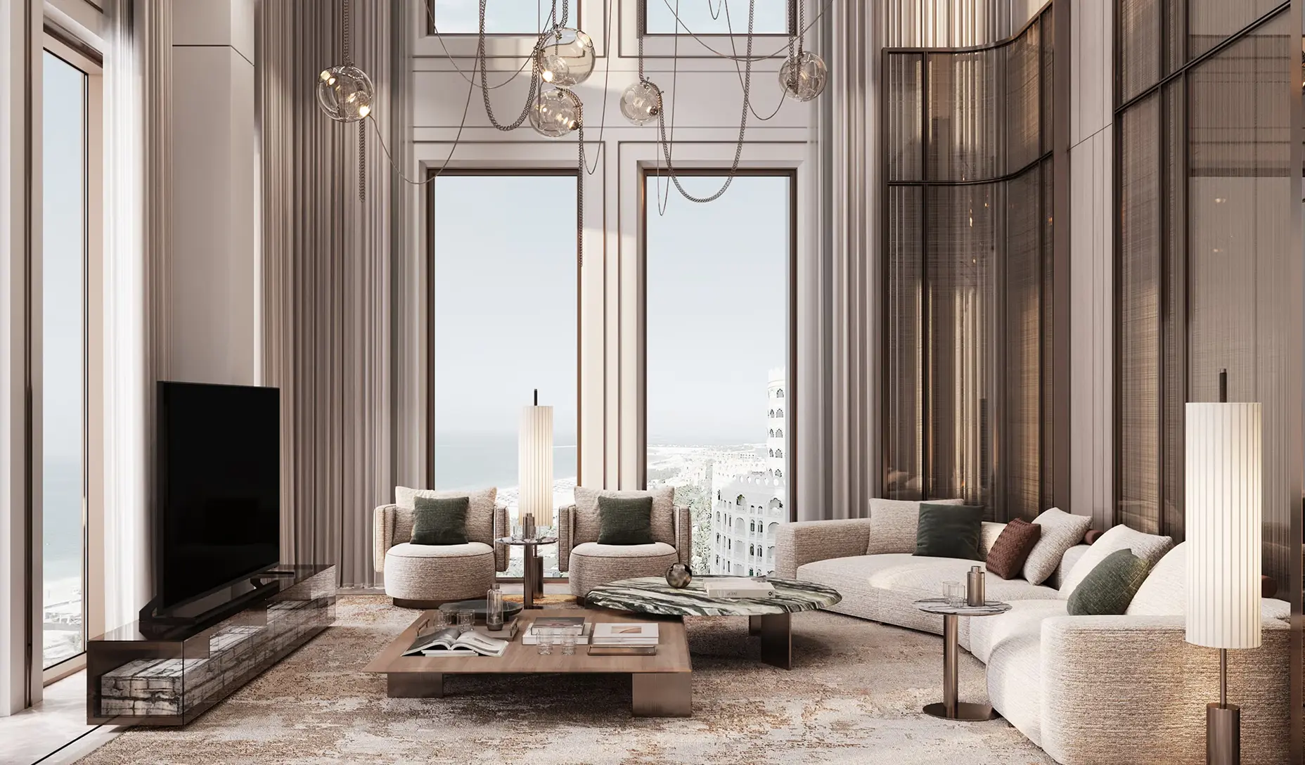 Modern living room with tall windows, beige sectional sofa with pillows, two armchairs, coffee tables, floor lamps, and a large TV.