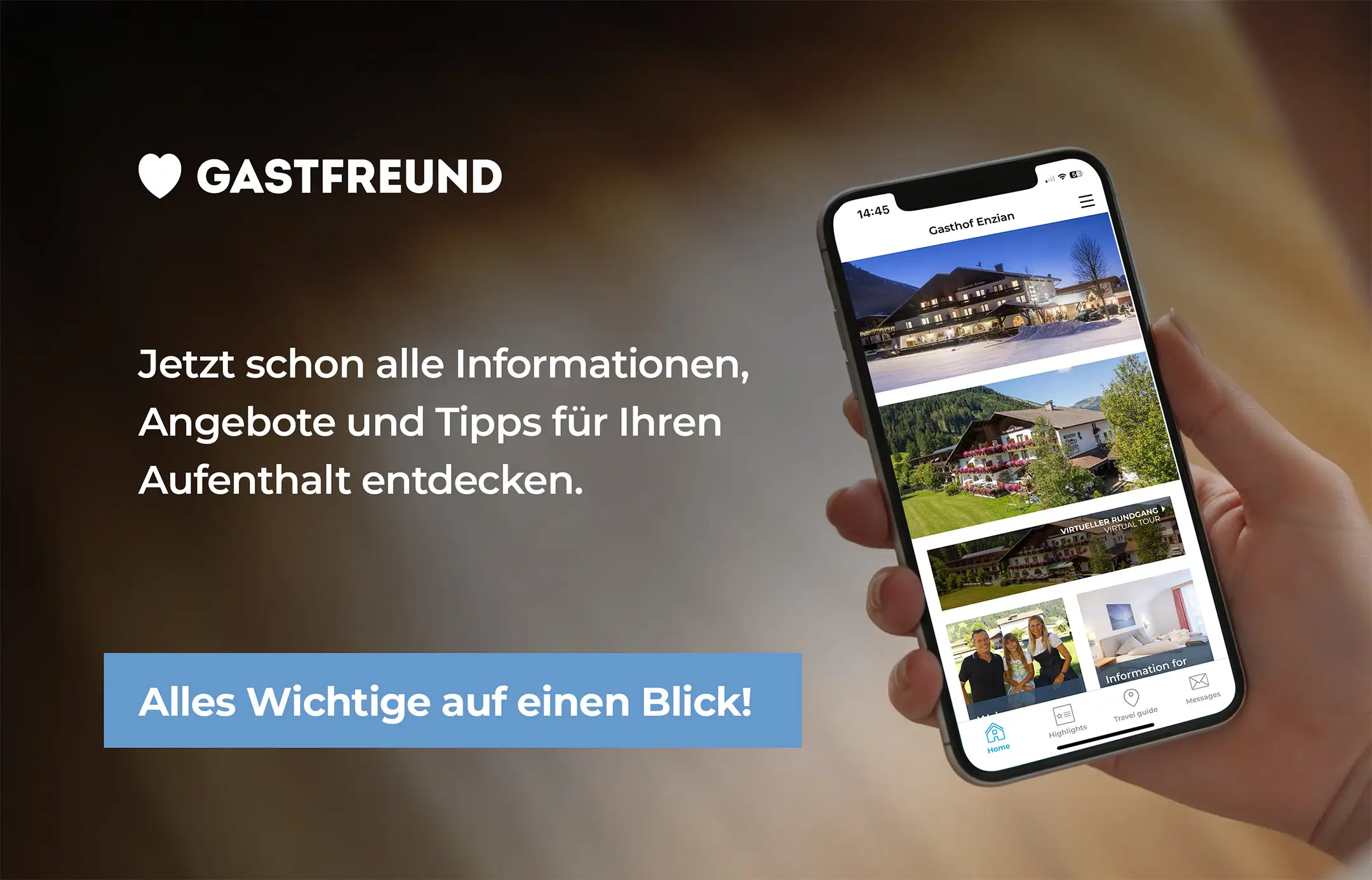 Hand hält Smartphone mit einer App, die Fotos eines Hotels zeigt, neben Text über Informationen und Angebote für Aufenthalte.