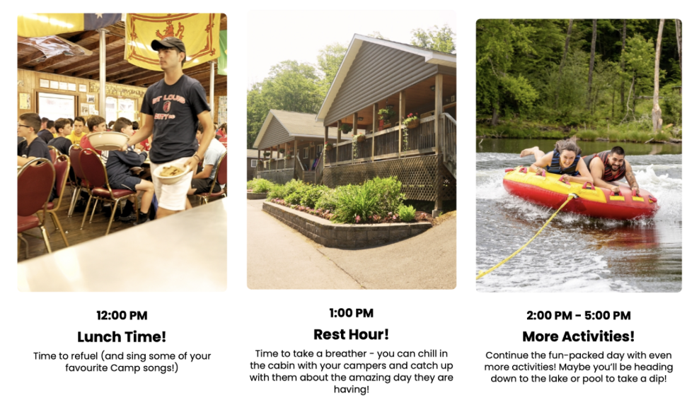 Screenshots of typical camp activities from 12-5 PM. Lunch, rest hour, and more activities.