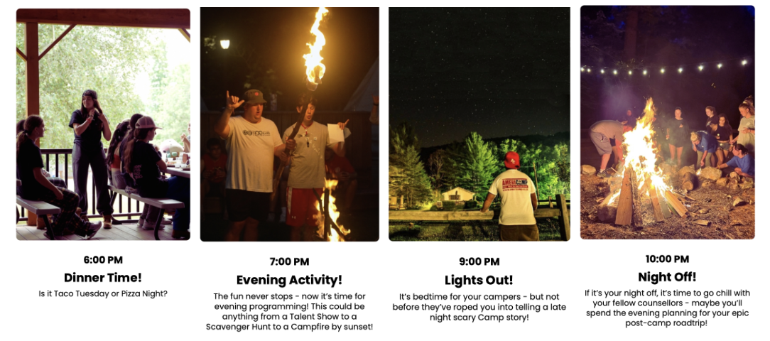 Screenshots of typical camp activities from 6-10 PM. Dinner, evening activity, lights out, and nights off for counsellors.