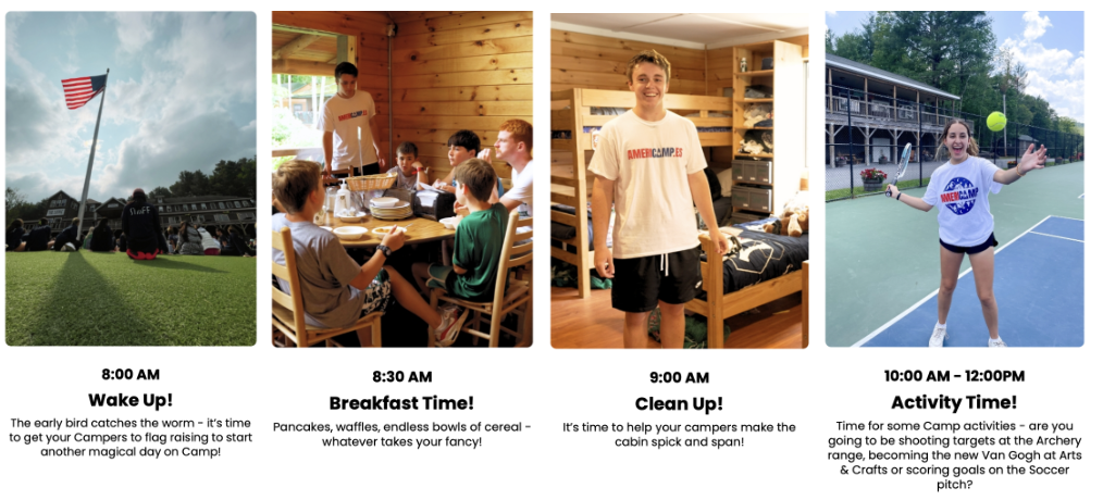 Screenshots of typical camp activities from 8AM-12PM. Wake up, breakfast, clean up, and activity time.