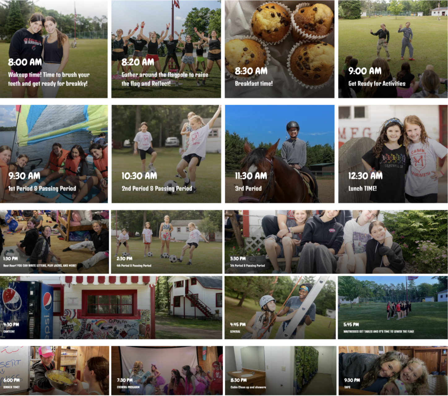 A typical day at camp with time stamps.