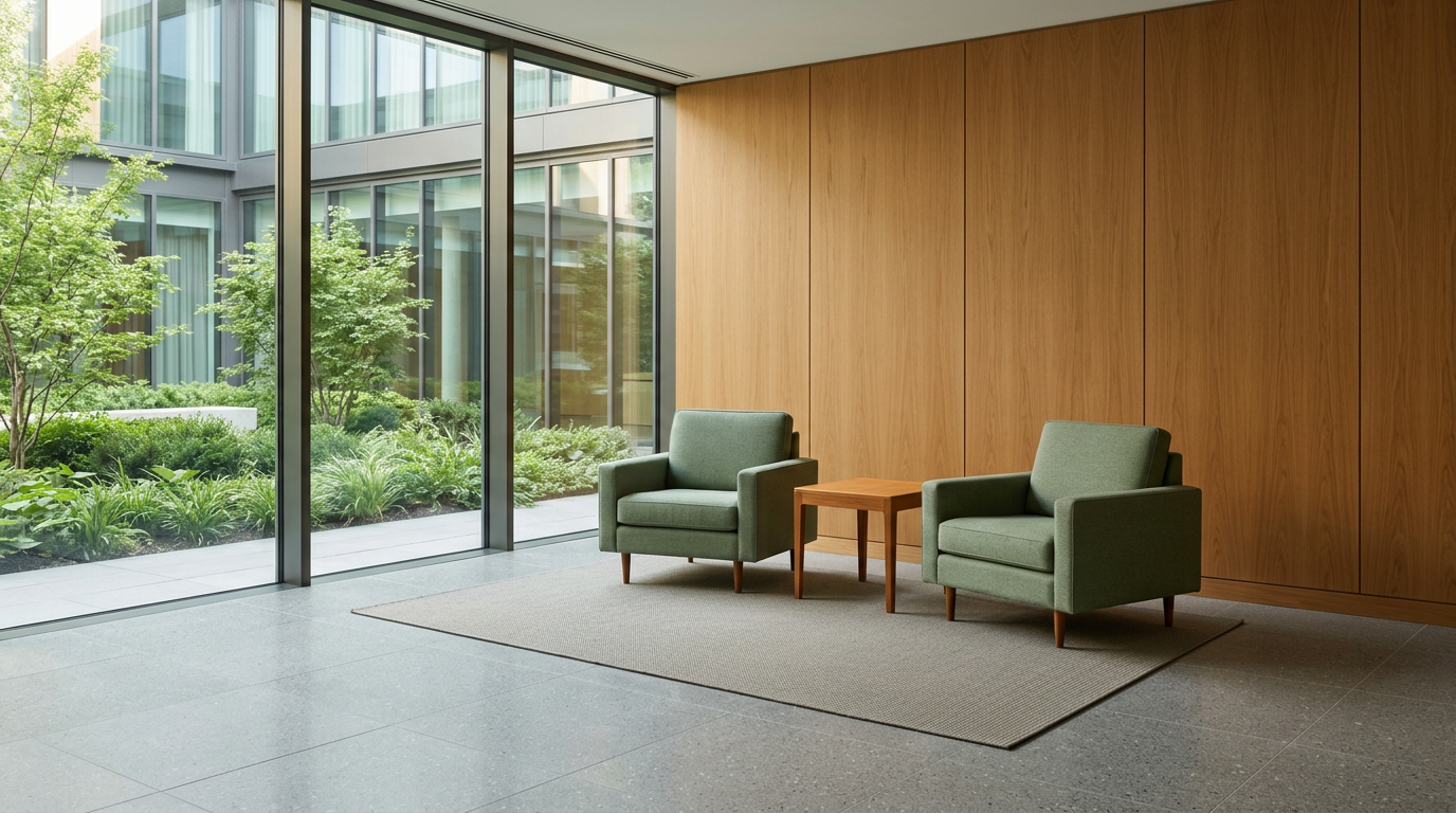 a serene modern interior with sage-green armchairs and warm wood panelling, empty and calm