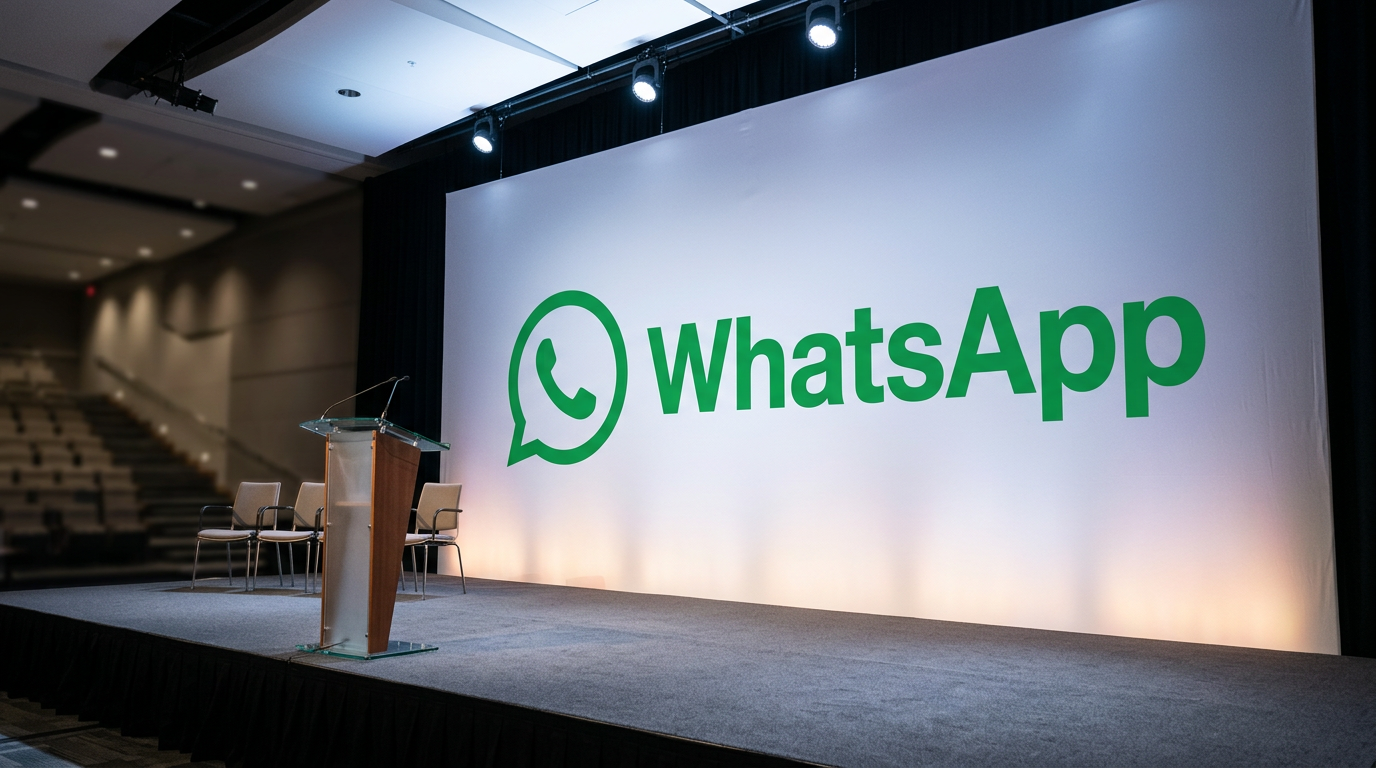 Empty conference stage, podium, chairs, large green WhatsApp logo backdrop