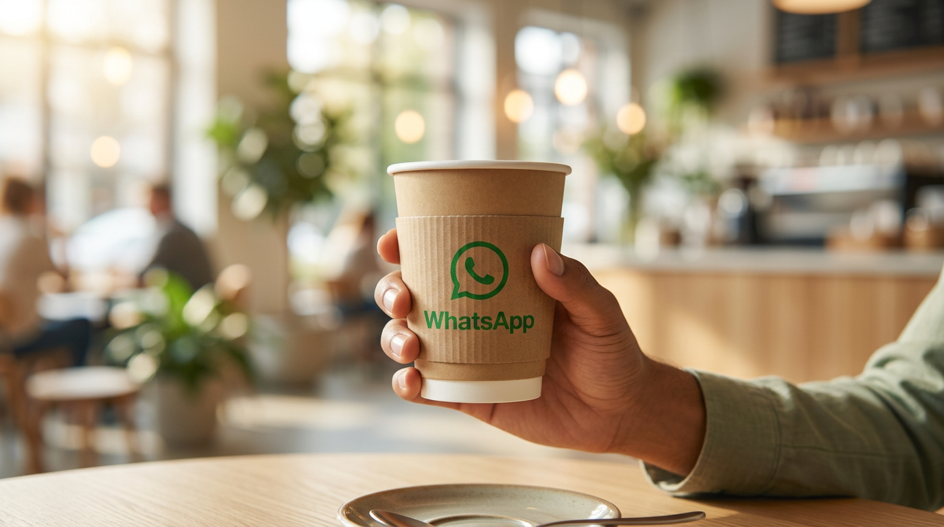 Hand holding branded paper coffee cup in sunlit cafe interior